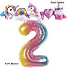Renkli Gökkuşağı Renk Rakam Balonlu Unicorn 2 Yaş Doğum Günü Parti Balon Set Unicorn Tema Parti Seti