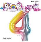 Renkli Gökkuşağı Renk Rakam Balonlu Unicorn 4 Yaş Doğum Günü Parti Balon Set Unicorn Tema Parti Seti