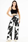 Kadın Yüksek Bel Milka İnek Desenli Bol Kesim Bol Paça Palazzo Wide Leg Kot Pantolon