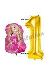 Barbie Balon Konsept 1 Yaş Balon Set Barbie ve Gold Rakam Balon Doğum Günü Balon Set