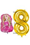 Barbie Balon Konsept 8 Yaş Balon Set Barbie ve Gold Rakam Balon Doğum Günü Balon Set