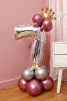 7 Yaş Krom Pembe-Gümüş Renkler Altın Taçlı Balon Seti