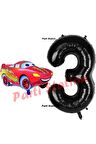Cars Arabalar Balon Konsept 3 Yaş Balon Şimşek Mcqueen Balon ve Siyah Rakam Balon Doğum Günü Set