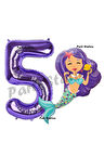 Mermaid Deniz Kızı 4 Yaş Balon ve Mor Rakam Balon Doğum Günü Parti Balon Set