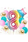 Gökkuşağı Rengarenk 8 Yaş Balon Set Yıldız Balon Folyo Set Konsept Doğum Günü Set Yaş Balon Set