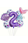 Deniz Kızı Konsept 6 Yaş Balon Set Mor Deniz Kızı Mermaid Tema Doğum Günü Folyo Balon Set