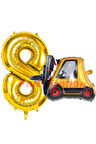 İnşaat Forklift Kamyonu Balon 6 Yaş Doğum Günü Balon Set İş Makineleri Konsept Ve Gold Rakam Balon