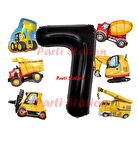 İnşaat Araçları Konsept Doğum Günü 7 Yaş Balon Set Mini Boy Kepçe Dozer Mikser Kamyon Forklift Balon