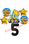 İnşaat Konsept 9 Yaş Doğum Günü Balon Set Kamyon Kepçe Balon ve Siyah Rakam Balon Parti Set