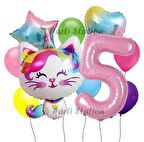 Unicorn Kedi Kitty Konsept 5 Yaş Doğum Günü Parti Balon Set Sevimli Unicorn Kedi Tema Parti Set