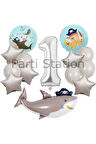 Korsan Tema Köpek Balığı Konsept 6 Yaş Balon Set Korsan Shark Tema Doğum Günü Folyo Balon Set