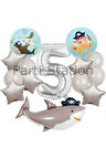 Korsan Tema Köpek Balığı Konsept 6 Yaş Balon Set Korsan Shark Tema Doğum Günü Folyo Balon Set
