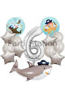 Korsan Tema Köpek Balığı Konsept 6 Yaş Balon Set Korsan Shark Tema Doğum Günü Folyo Balon Set