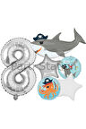 Korsan Tema Köpek Balığı Konsept 9 Yaş Balon Set Köpek Balığı Tema Doğum Günü Folyo Balon Set