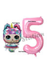 Unicorn LOL Bebek 4 Yaş Balon ve Pembe Rakam Balon Doğum Günü Parti Set