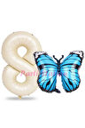 Mavi Kelebek Balon 1 Yaş Balon Set Kelebek Konsept Balon ve Krem Renk Rakam Balon