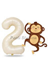 Safari Maymun Balon 1 Yaş Balon Set Safari Konsept Sevimli Maymun Balon ve Krem Renk Rakam Balon