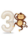 Safari Maymun Balon 1 Yaş Balon Set Safari Konsept Sevimli Maymun Balon ve Krem Renk Rakam Balon