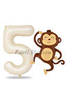Safari Maymun Balon 1 Yaş Balon Set Safari Konsept Sevimli Maymun Balon ve Krem Renk Rakam Balon