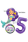 Deniz Kızı Konsept Mermaid Deniz Kızı 8 Yaş Balon Set ve Mor Rakam Balon Doğum Günü Parti Balon Set