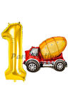 İnşaat Mikser Kamyonu Balon 5 Yaş Doğum Günü Balon Set İş Makineleri Konsept Ve Gold Rakam Balon