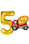 İnşaat Mikser Kamyonu Balon 5 Yaş Doğum Günü Balon Set İş Makineleri Konsept Ve Gold Rakam Balon