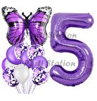 Mor Kelebek Konsept 5 Yaş Balon Set Butterfly Kelebek Mor Rakam Balon Parti Doğum Günü Balon Set