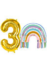 Gökkuşağı 3 Yaş Balon Set Mermaid Rainbow Konsept Balon ve Gold Rakam Balon