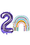 Gökkuşağı 1 Yaş Balon Set Mermaid Rainbow Konsept Balon ve Mor Rakam Balon