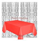 2 Adet Gümüş Gri Renk Metalize Arka Fon Perdesi ve 1 Adet Plastik Kırmızı Renk Masa Örtüsü Set