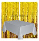 2 Adet Altın Gold Renk Metalize Arka Fon Perdesi ve 1 Adet Plastik Gümüş Gri Renk Masa Örtüsü Set