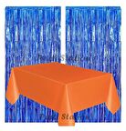 2 Adet Lacivert Renk Metalize Arka Fon Perdesi ve 1 Adet Plastik Turuncu Renk Masa Örtüsü Set