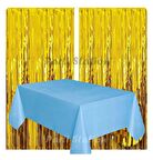 2 Adet Altın Gold Renk Metalize Arka Fon Perdesi ve 1 Adet Plastik Mavi Renk Masa Örtüsü Set