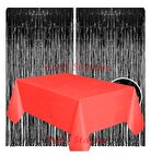 2 Adet Siyah Renk Metalize Arka Fon Perdesi ve 1 Adet Plastik Kırmızı Renk Masa Örtüsü Set