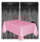 2 Adet Siyah Renk Metalize Arka Fon Perdesi ve 1 Adet Plastik Pembe Renk Masa Örtüsü Set