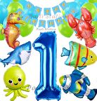 Büyük Boy Balonlu Okyanus Hayvanları 1 Yaş Doğum Günü Balon Set Deniz Canlıları Balon Set