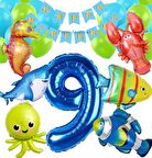 Büyük Boy Balonlu Okyanus Hayvanları 9 Yaş Doğum Günü Balon Set Deniz Canlıları Balon Set