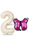 Pembe Kelebek Balon 7 Yaş Balon Set Kelebek Konsept Balon ve Krem Renk Rakam Balon