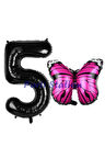 Pembe Kelebek Balon 6 Yaş Balon Set Kelebek Konsept Balon ve Siyah Renk Rakam Balon