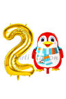 Sevimli Penguen Balon 9 Yaş Doğum Günü Balon Set Penguen Konsept ve Gold Renk Rakam Balon