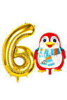 Sevimli Penguen Balon 9 Yaş Doğum Günü Balon Set Penguen Konsept ve Gold Renk Rakam Balon