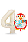 Sevimli Penguen Balon 1 Yaş Doğum Günü Balon Set Penguen Konsept ve Krem Renk Rakam Balon
