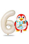 Sevimli Penguen Balon 1 Yaş Doğum Günü Balon Set Penguen Konsept ve Krem Renk Rakam Balon