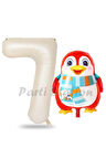 Sevimli Penguen Balon 1 Yaş Doğum Günü Balon Set Penguen Konsept ve Krem Renk Rakam Balon