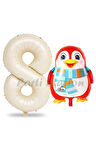 Sevimli Penguen Balon 1 Yaş Doğum Günü Balon Set Penguen Konsept ve Krem Renk Rakam Balon