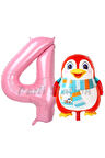Sevimli Penguen Balon 1 Yaş Doğum Günü Balon Set Penguen Konsept ve Pembe Renk Rakam Balon