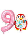Sevimli Penguen Balon 1 Yaş Doğum Günü Balon Set Penguen Konsept ve Pembe Renk Rakam Balon
