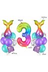 Gökkuşağı Rakam Denizkızı Kuyruk Istiridye 3 Yaş Balon Set Balon Folyo Set Denizkızı Konsept Set
