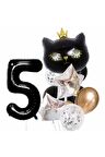 Siyah Kedi Kara Kedi 5 Yaş Balon Set Yıldız Balon Folyo Set Siyah Kedi Konsept Doğum Günü Set