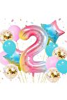 Gökkuşağı Rengarenk 2 Yaş Balon Set Yıldız Balon Folyo Set Konsept Doğum Günü Set Yaş Balon Set